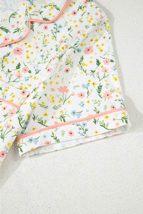 White Floral Print Contrast Pipping Short Pajamas Set