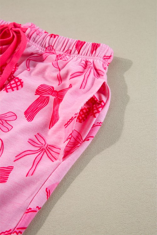 Pink Bow Knot Print Lapel Collar Short Sleeve and Pants