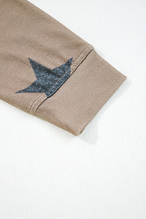Khaki Retro Star Print Loose Long Sleeve Drawstring Wide Leg