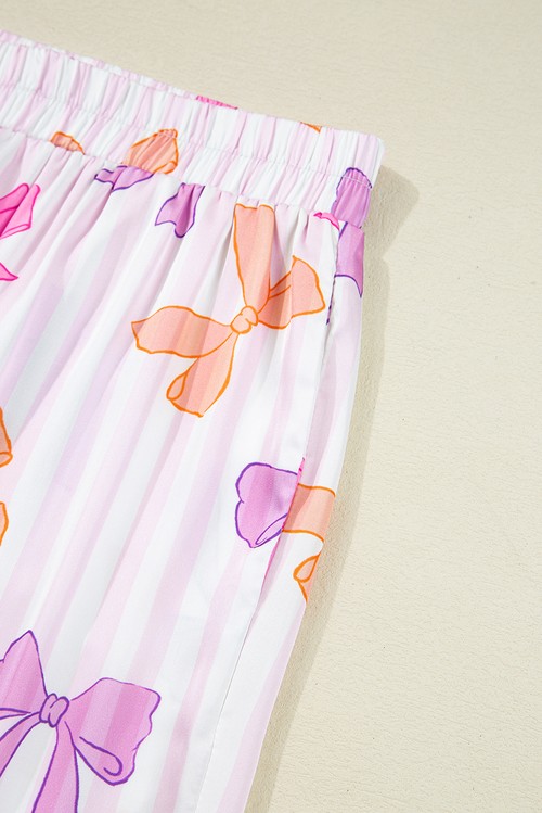 Pink Striped Bow Print Contrast Piping Trim Shirt and Pants