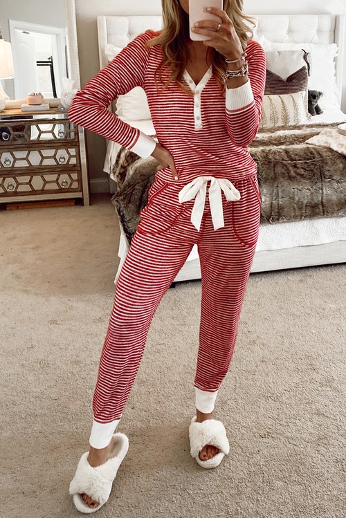 Red Stripe Buttoned V Neck Top and Knotted Waist Pants