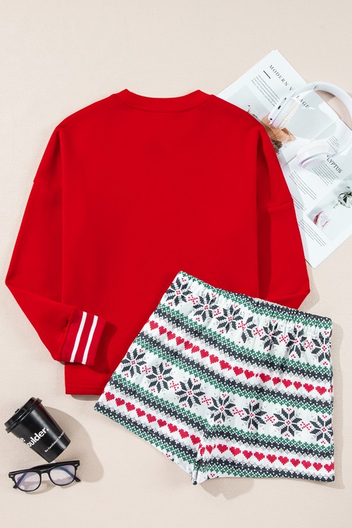 Fiery Red SLEIGH Snowflake Print Long Sleeve Wide Leg Lounge
