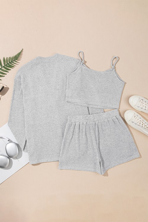 Light Grey 3 Pieces Rib Crop Camisole Matching Shorts Lounge