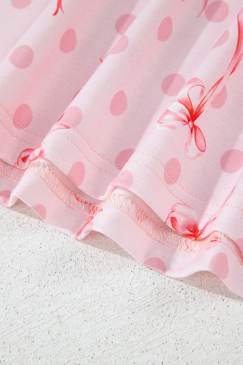 Pink Bow Knot Polka Dot Print Short Sleeve Top Lounge
