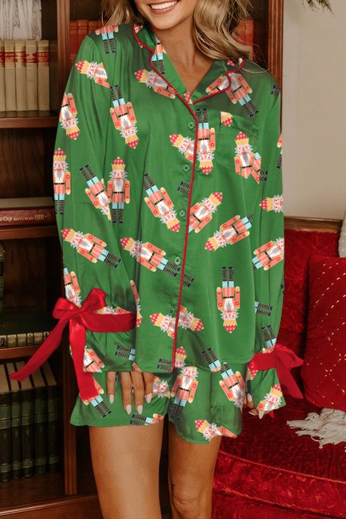 Green Christmas Candy Contrast Trim Bow Knot Silky 2pcs Pajama