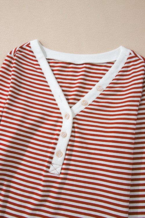 Red Stripe Buttoned V Neck Top and Knotted Waist Pants