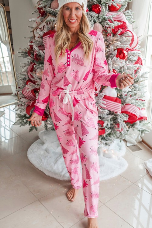 Pink Christmas Tree Print V Neck Buttoned Pullover and Drawstring
