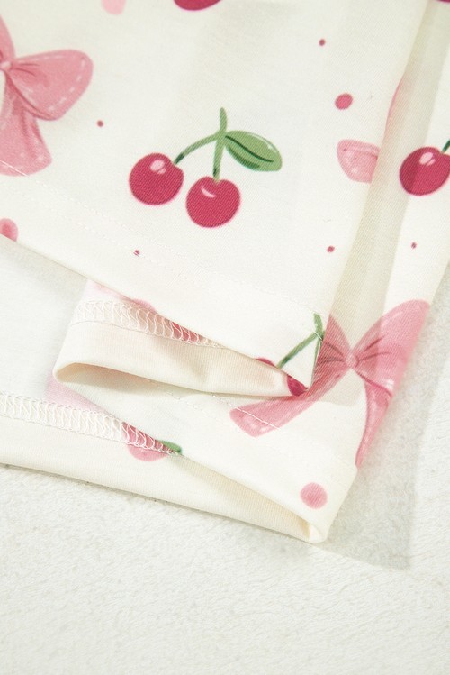 Beige Bow Fruit Print Contrast Pipping Short Pajamas Set