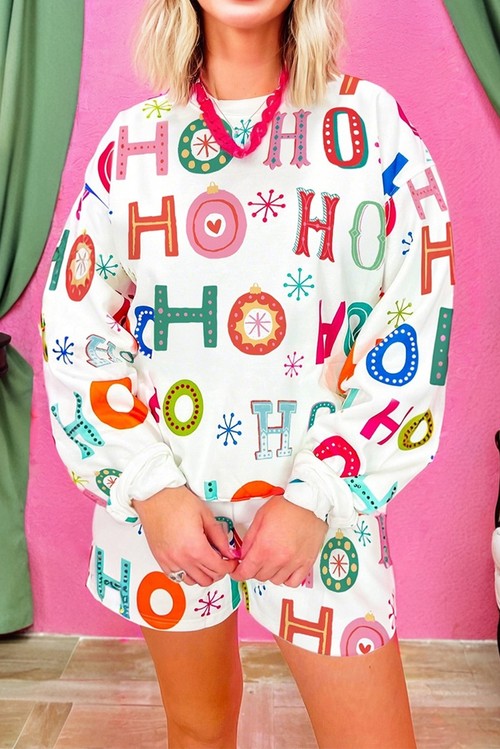 White Ho Ho Ho Christmas Fashion Print 2pcs Lounge Short