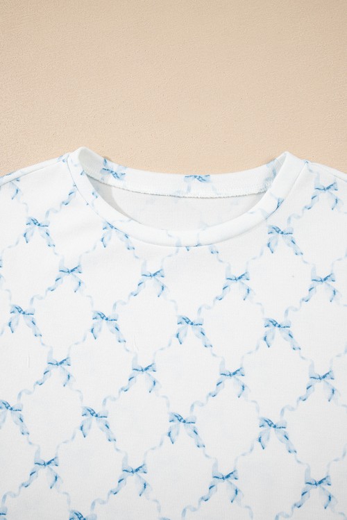 Sky Blue Bow Knot Geometric Print Lettuce Trim Two Piece