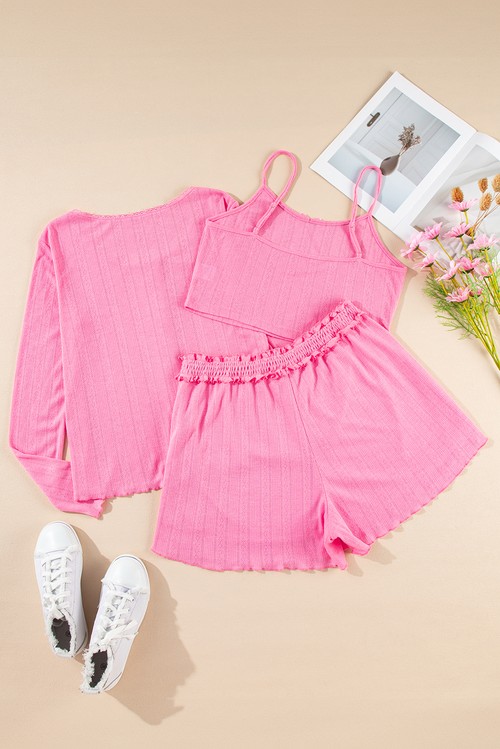 Bonbon Delicate Texture Cropped Cami Shorts and Cardigan 3pcs Lounge