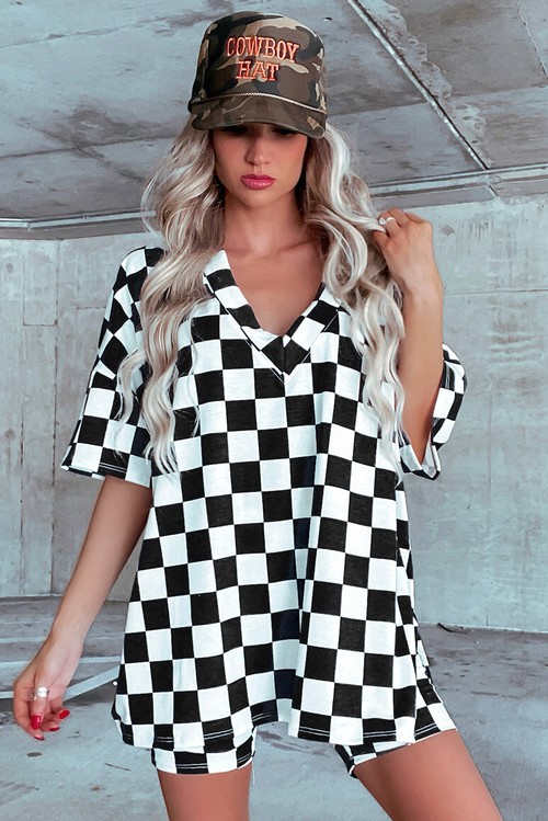 Black Checkerboard Print V Neck Loose Tee and Shorts Lounge