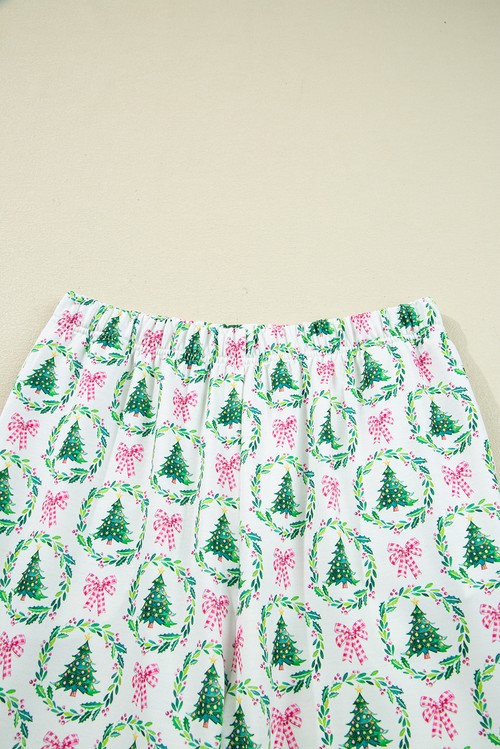 Green Bow Christmas Tree Print Contrast Striped Banding 2pcs Lounge