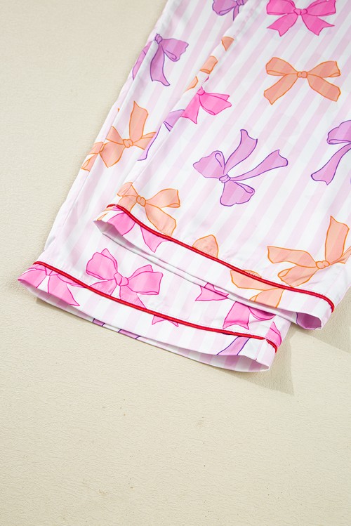 Pink Striped Bow Print Contrast Piping Trim Shirt and Pants