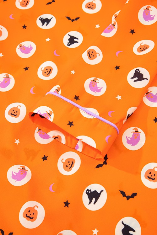 Orange Halloween Print Lapel Shirt Long 2pcs Pajama Set