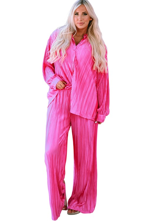 Rose Pleated Long Sleeve Shirt and Wide Leg Pants Set