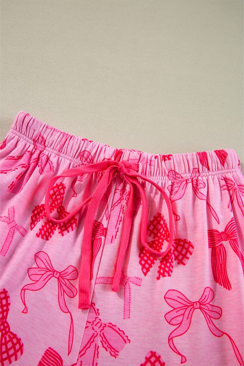 Pink Bow Knot Print Lapel Collar Short Sleeve and Pants
