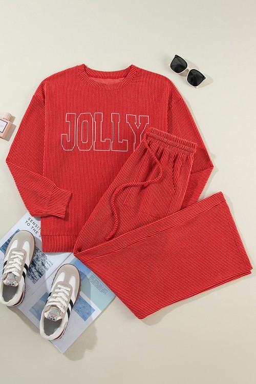 Fiery Red JOLLY Corded Long Sleeve Top and Pockets Pants