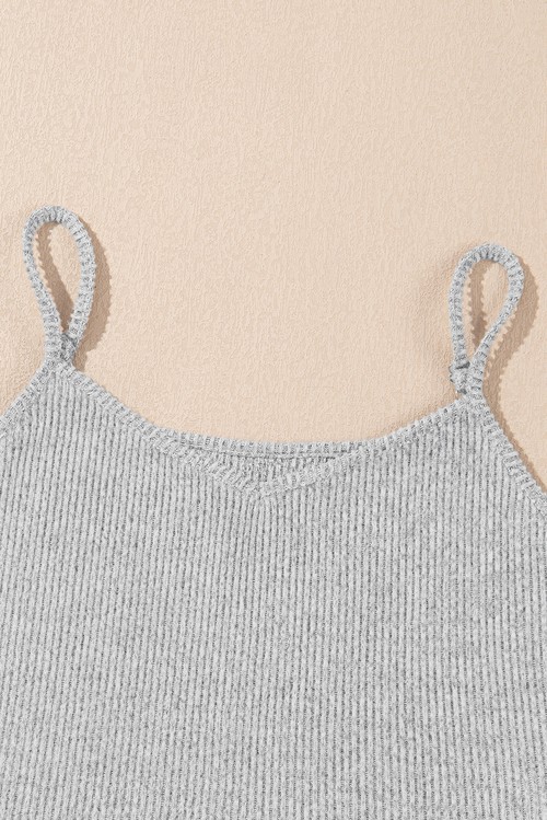 Light Grey 3 Pieces Rib Crop Camisole Matching Shorts Lounge
