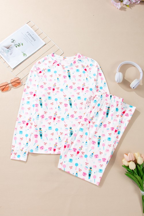 White Christmas Pattern Long Sleeve Top and Wide Leg Pants