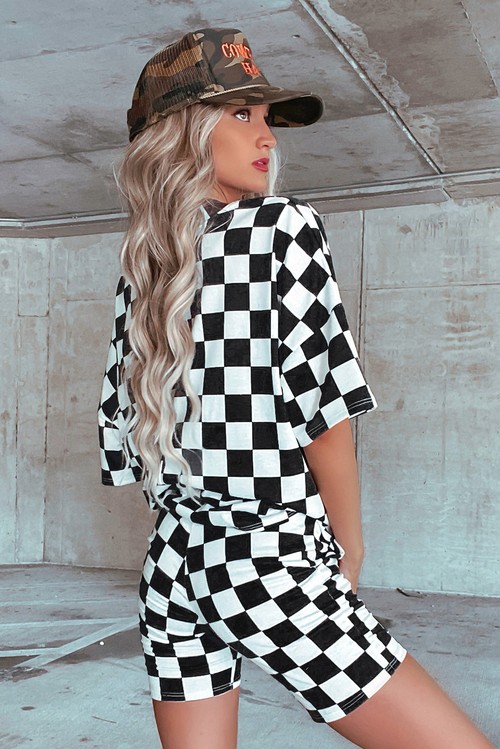 Black Checkerboard Print V Neck Loose Tee and Shorts Lounge
