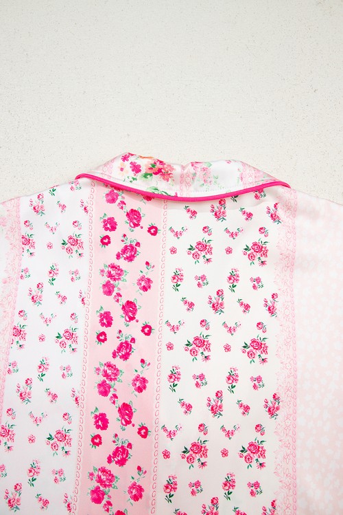 Pink Mixed Floral Print Contrast Piping Trim Satin Tie 2pcs