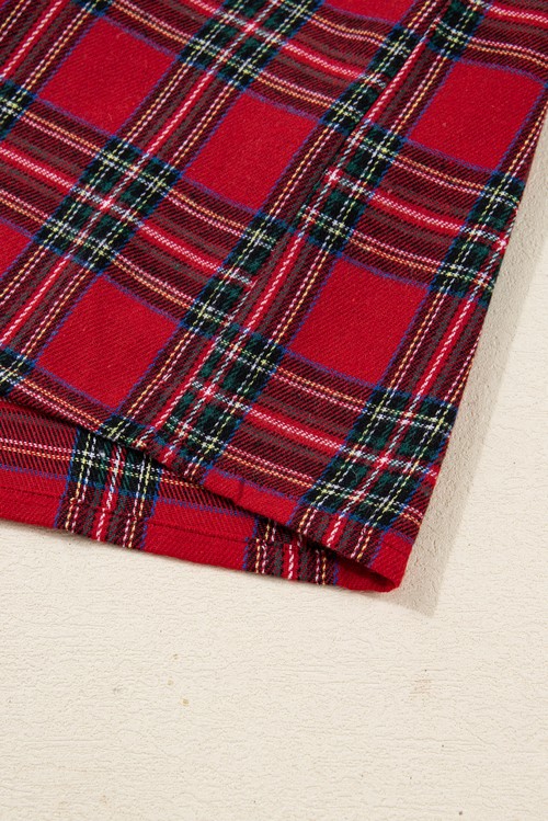 Red Plaid Contrast Patched Christmas Holiday Long Sleeve Shirt and