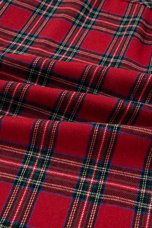 Red Plaid Contrast Patched Christmas Holiday Long Sleeve Shirt and