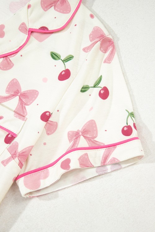 Beige Bow Fruit Print Contrast Pipping Short Pajamas Set