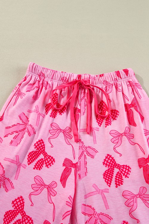 Pink Bow Knot Print Lapel Collar Short Sleeve and Pants