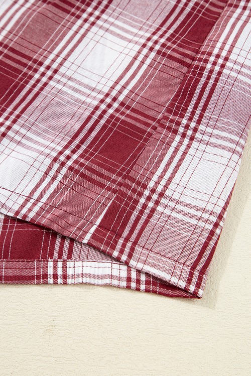 Red Retro Plaid Long Sleeve Shirt Drawstring Shorts 2pcs Lounge