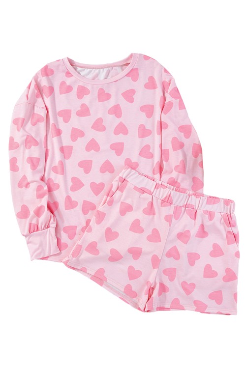 Pink Valentine Heart Shape Print Long Sleeve Top Shorts Lounge