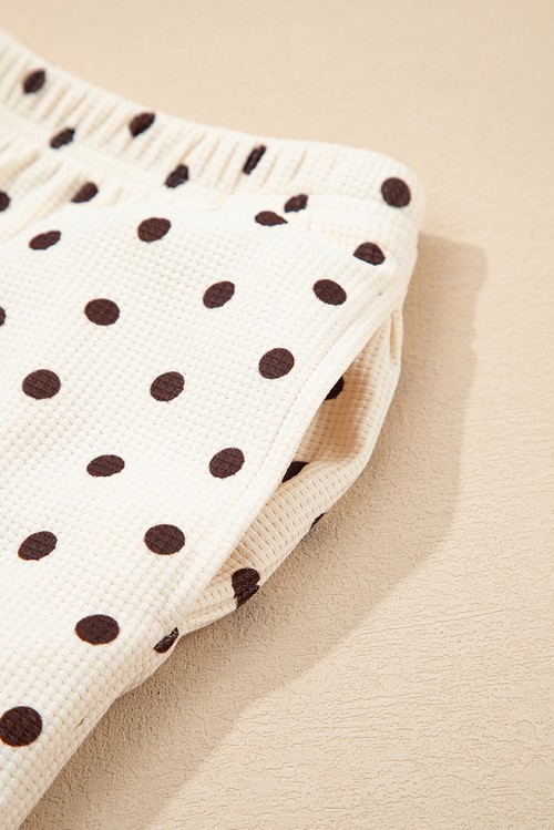 White Polka Dot Print Notched Neck Long Sleeve Top Drawstring