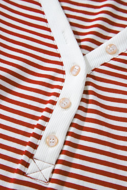 Red Stripe Buttoned V Neck Top and Knotted Waist Pants