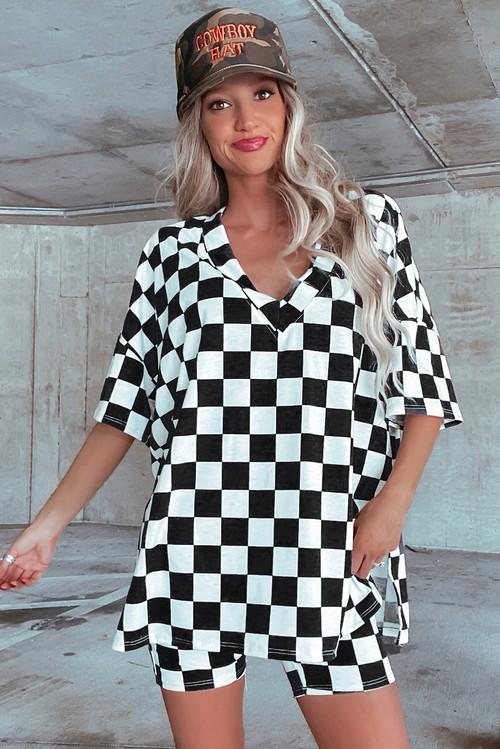 Black Checkerboard Print V Neck Loose Tee and Shorts Lounge