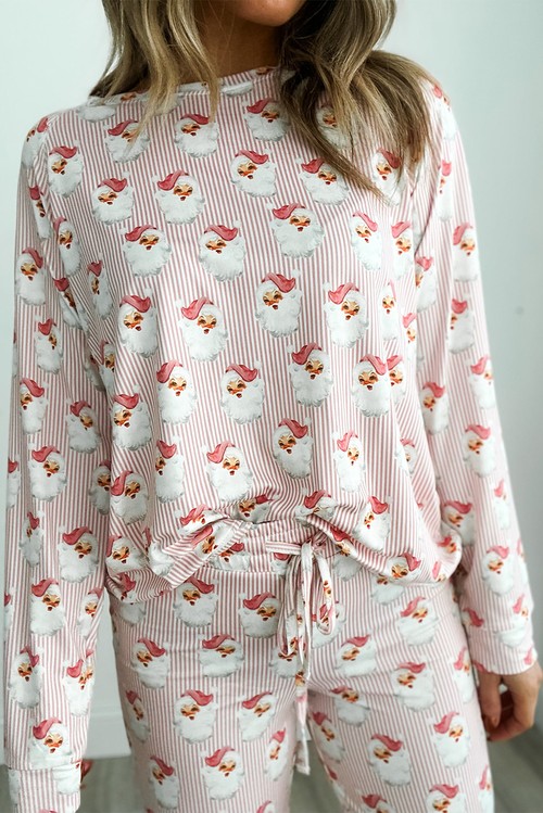 Pink Santa Claus Striped Print Loose Fit Two Piece Lounge