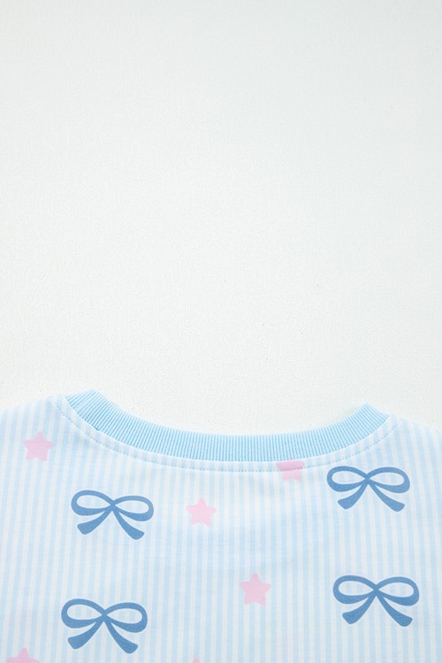 Sky Blue Stripe Bow Star Print Tied Detail 2pcs Lounge