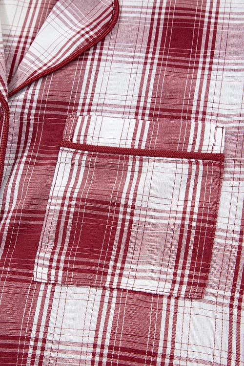 Red Retro Plaid Long Sleeve Shirt Drawstring Shorts 2pcs Lounge