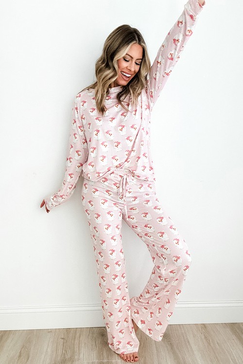 Pink Santa Claus Striped Print Loose Fit Two Piece Lounge