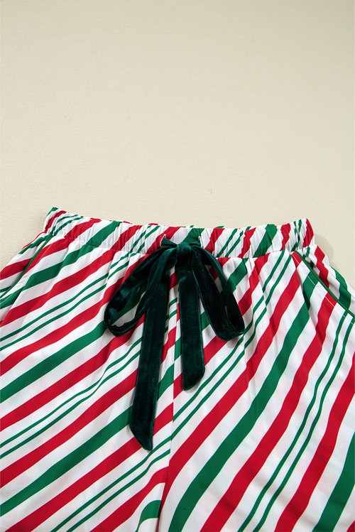 Green Stripe Contrast Velvet Ribbon Knot Christmas 2pcs Pajama Set