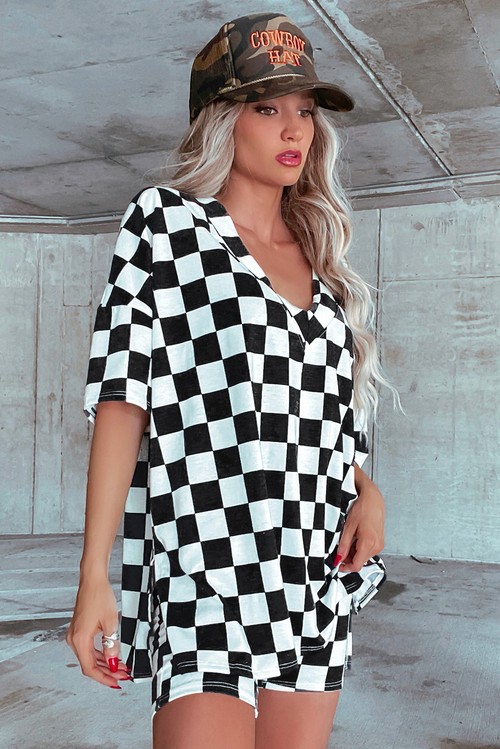 Black Checkerboard Print V Neck Loose Tee and Shorts Lounge