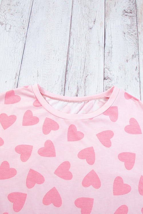 Pink Valentine Heart Shape Print Long Sleeve Top Shorts Lounge