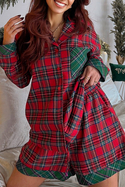 Red Plaid Contrast Patched Christmas Holiday Long Sleeve Shirt and