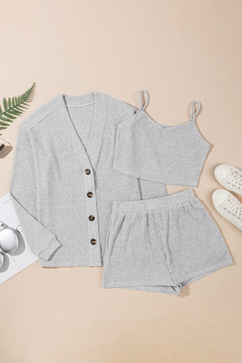 Light Grey 3 Pieces Rib Crop Camisole Matching Shorts Lounge