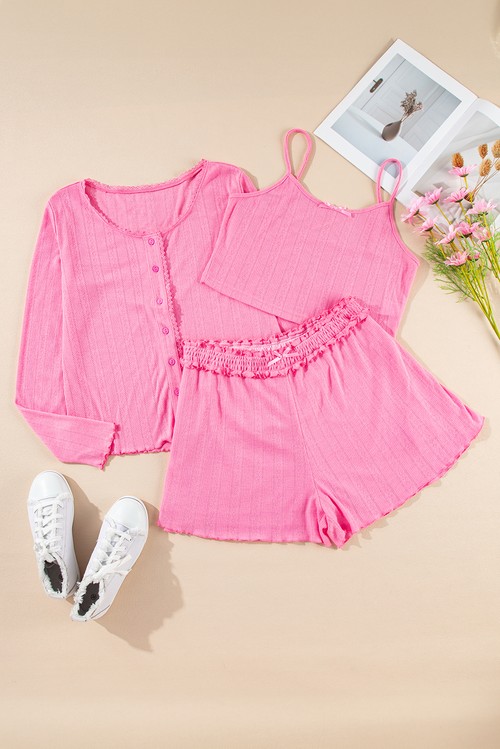 Bonbon Delicate Texture Cropped Cami Shorts and Cardigan 3pcs Lounge