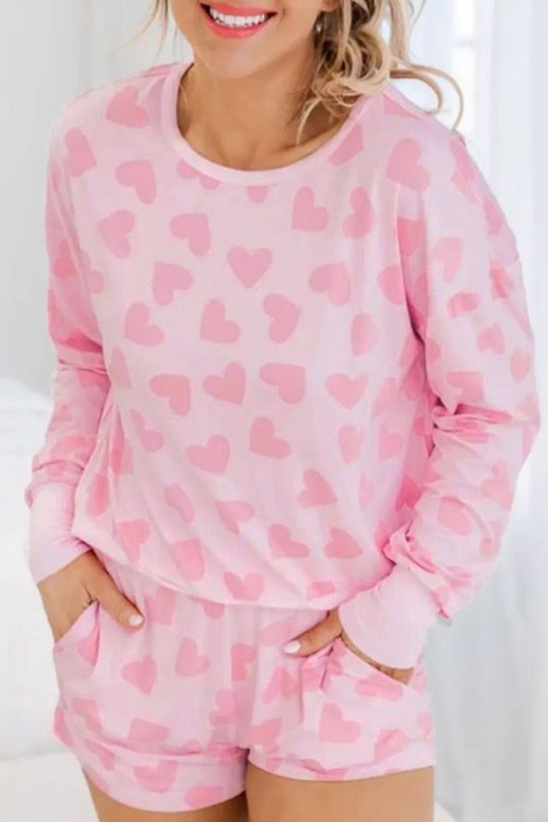 Pink Valentine Heart Shape Print Long Sleeve Top Shorts Lounge