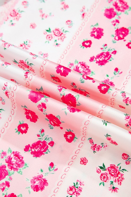 Pink Mixed Floral Print Contrast Piping Trim Satin Tie 2pcs