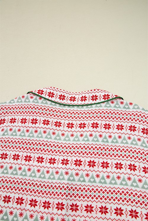 White Christmas Pattern Print Shirt Style Long 2pcs Pajama Set