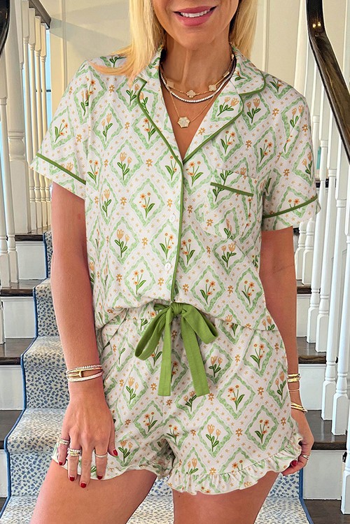 Green Floral Print Turn down Collar Short Pajamas Set