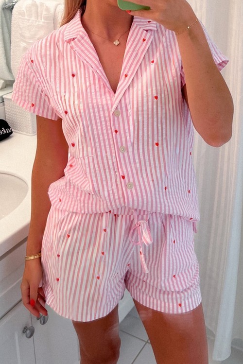 Pink Striped Tiny Hearts Printed Lapel Collar Shirt Style Short